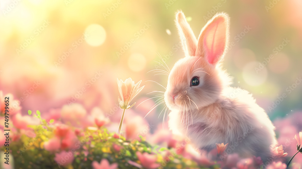 Cute white rabbit is sitting on grasses with little spring flowers on a bright light and blurred shimmering background. Realistic fancy style, pink tone. Cute white rabbit is sitting on grasses with little spring flowers on a bright light and blurred shimmering background. Realistic fancy style, pink tone.