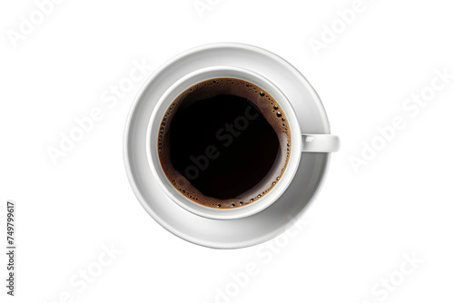 A Cup of Coffee on a Saucer. A white ceramic cup filled with coffee rests on a matching saucer. The steam rises delicately from the dark liquid. on White or PNG Transparent Background.