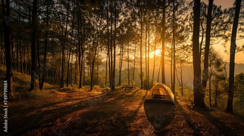 Camping and tent under the pine forest in sunset at north of Thailand