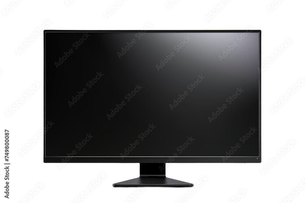Black Computer Monitor. A black computer monitor sits prominently against a plain white background. The monitor appears sleek and modern, with a blank screen reflecting no image.