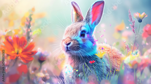 Cute vibrant holographic rabbit with colorful little spring flowers on a vivid blurred background. Fancy neon style. photo