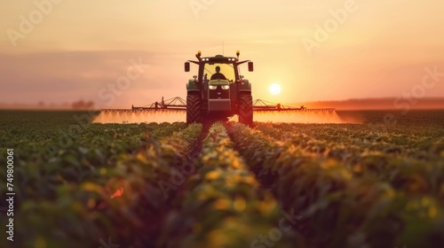 Agricultural tractor spraying chemicals on field. Suitable for farming publications