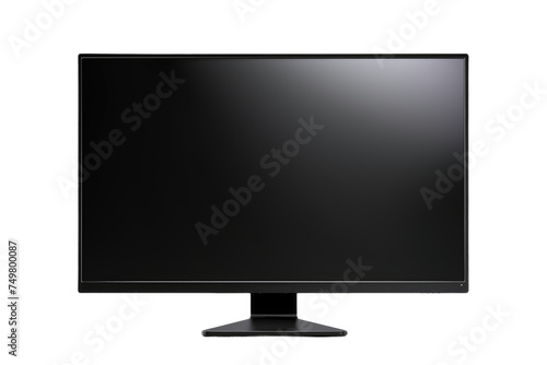 Black Computer Monitor. A black computer monitor sits prominently against a plain white background. The monitor appears sleek and modern, with a blank screen reflecting no image.