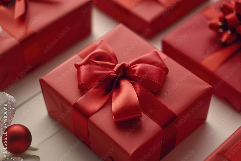 Group of red gift boxes with festive bows and ornaments. Perfect for holiday and celebration concepts Group of red gift boxes with festive bows and ornaments. Perfect for holiday and celebration concepts