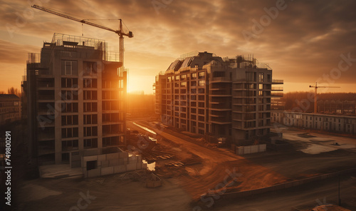 Construction site at sunset. Tower cranes on Construction of residential building in Europe. Housing renovation, real estate. Crane on formworks. Housing buildings. Ai Generative illustration