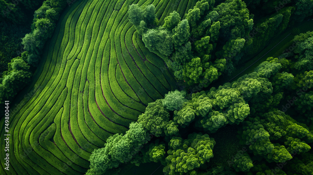 Aerial view of the tea plantation. - obrazy, fototapety, plakaty 
