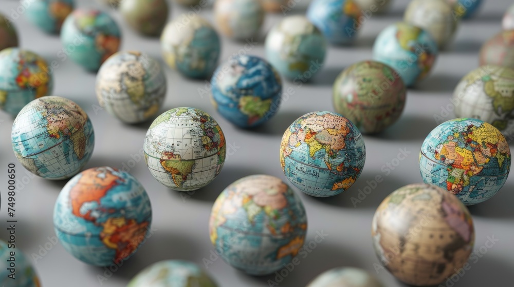 Group of globes on top of a table, suitable for educational or travel concepts Group of globes on top of a table, suitable for educational or travel concepts