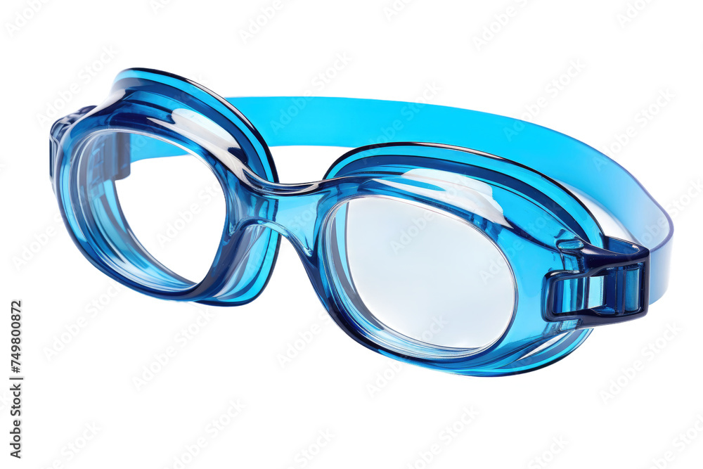 Fototapeta premium Pair of Swimming Goggles. A pair of black swimming goggles with clear lenses lying on a plain white background. The goggles are designed to provide eye protection.