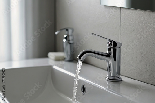 Faucet with running water in modern bathroom. Close up.