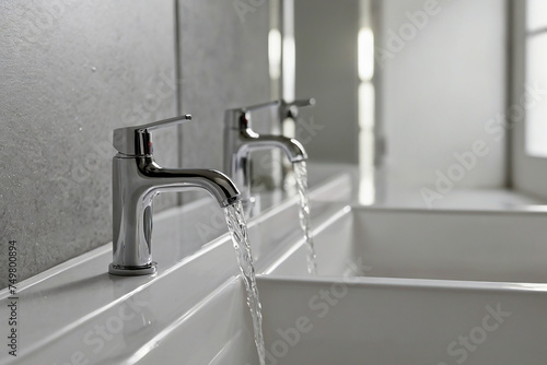 Water flowing from faucet in modern bathroom  close-up