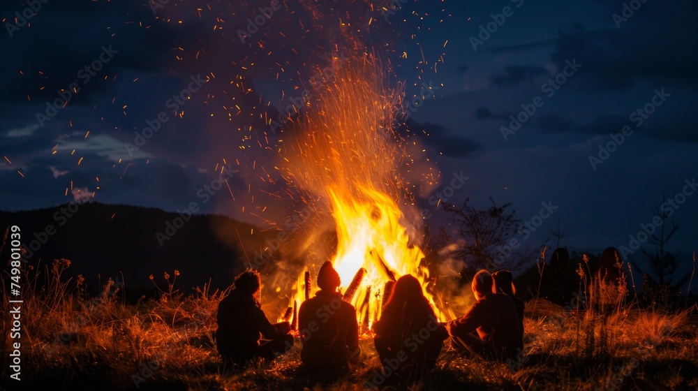 People sit at night round a bright bonfire