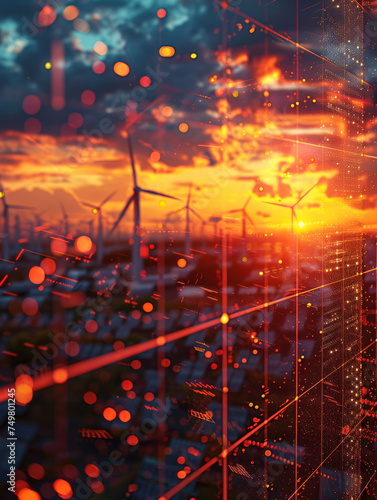 Digital composite of wind energy turbines against a vibrant sunset sky, symbolizing sustainable power innovation.