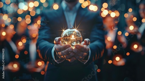 A man in a suit holding a crystal ball. Suitable for business and fortune telling concepts photo