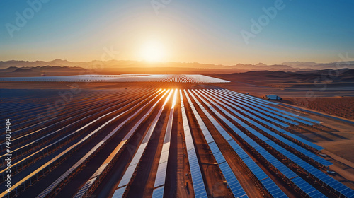 Sunrise Over Desert Solar Energy Farm.