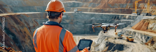 Operators of team professionals evaluating an industrial open pit mine and sand quarry. Pilot engineer's drone industrial inspection