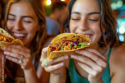 Two women enjoying tacos at a Mexican restaurant. Perfect for food blogs and restaurant promotions