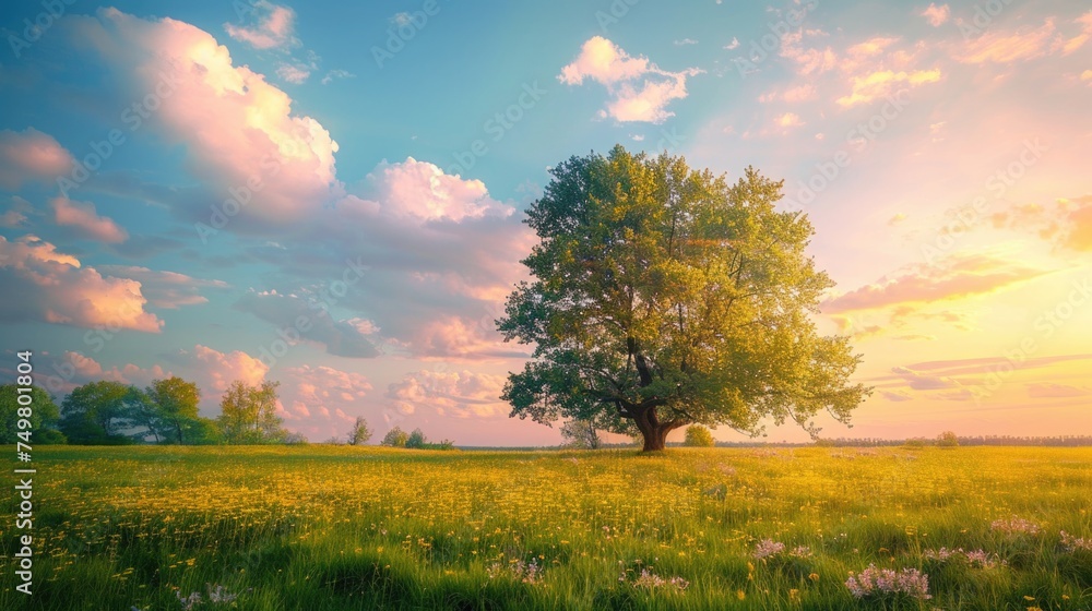 Fototapeta premium A lone tree standing tall in a field of yellow flowers. Perfect for nature and landscape themes