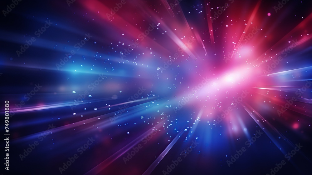 Fototapeta premium Neon Background with Bokeh Sparks Texture and Defocused Blue Red Purple Rays on Dark Overlay.