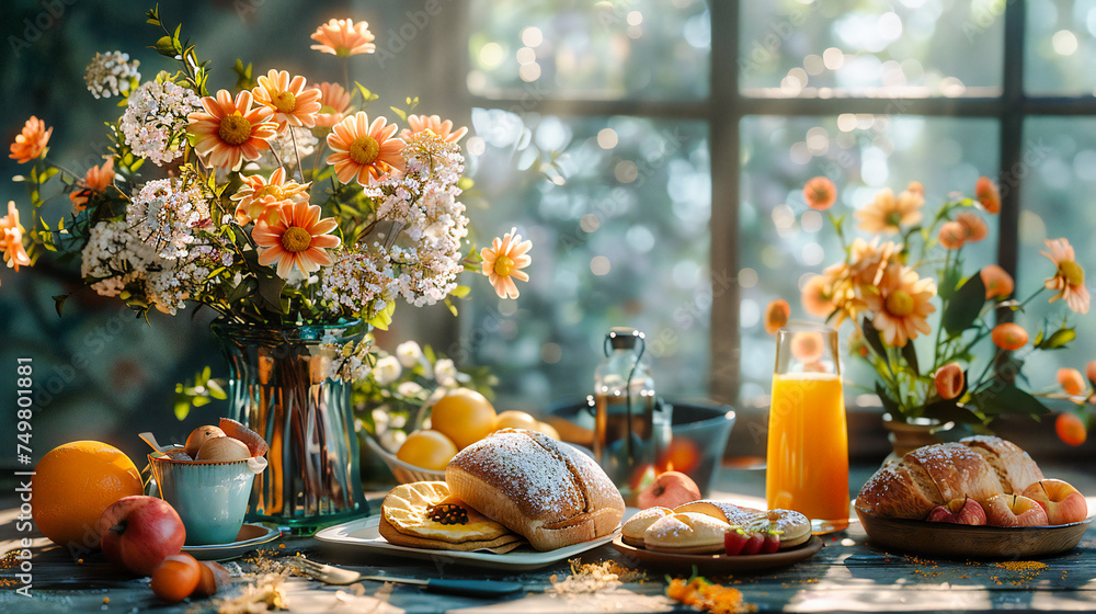 Cozy Breakfast Setting with Croissant, Coffee, Juice, and Flowers by the Window