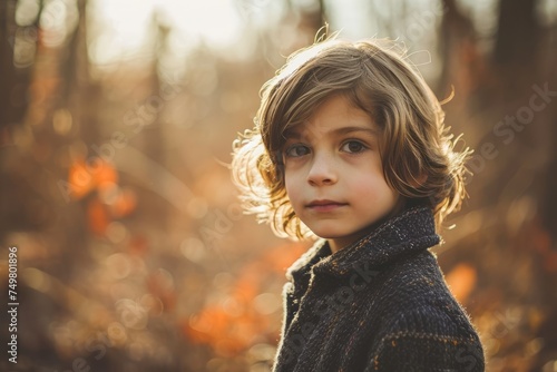 Portrait of a little boy on a background of autumn forest
