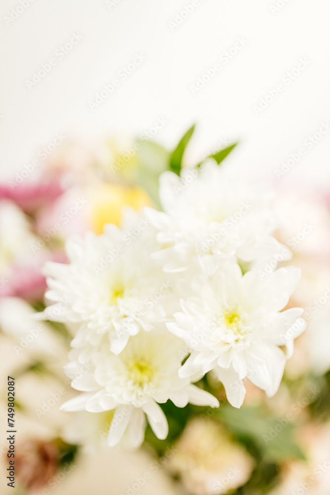 Fototapeta premium A bouquet of yellow and pink asters and gerbers in a glass vase against the backdrop of a window with rays of sun. Yellow and white flowers close up in the interior. Mother's day background. Mockups 