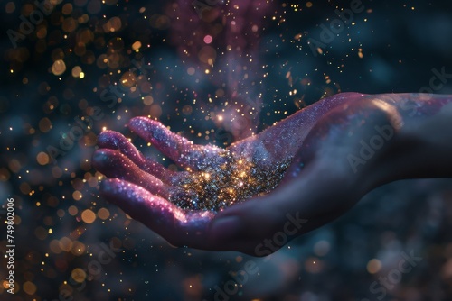 Hand holding cosmic glitter with a mystical energy in a dark universe setting.  