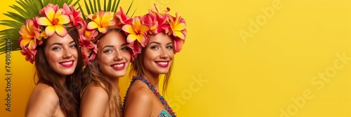 Portrait of a beautiful stylish women with hawaiian costume on yellow background with copyspace. Summer fashionable trend style  Cheerful and happy young models having fun