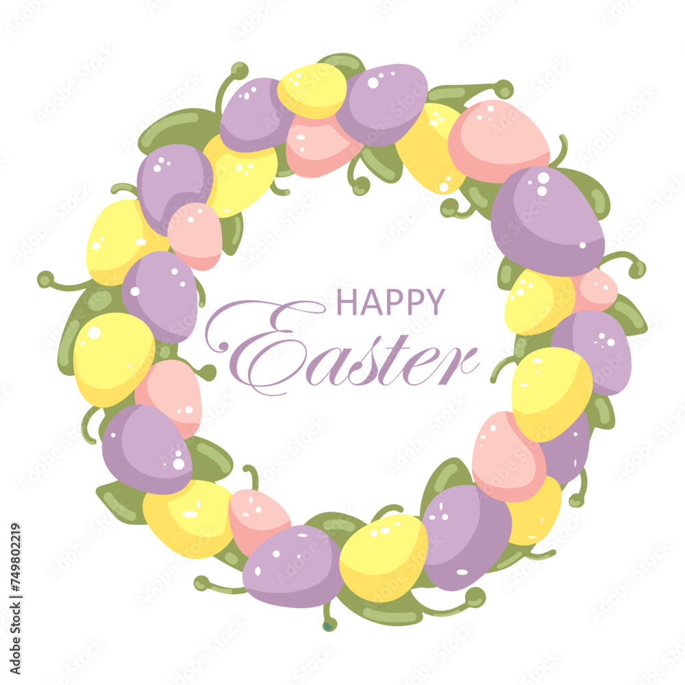 Easter wreath of yellow, pink and purple eggs as frame with Happy Easter text. Design for web use, printing and postcards.