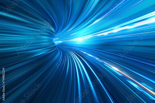 Vibrant blue digital speed tunnel with light trails conveying fast motion and technology concept.