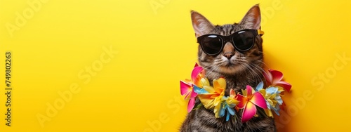 Stylish cat with hawaiian costume on yellow background with copyspace. Summer fashionable trend style