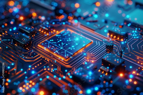Close-up of a high-tech circuit board with glowing blue lights, embodying innovation and technology