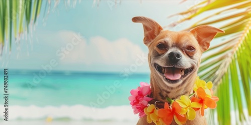 Stylish dog with hawaiian costume on tropical sea and beach blurred background. Summer festive time, Happy holiday © CYBERUSS