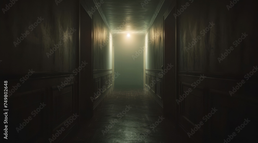 An empty hallway is illuminated with a light shining in it, showcasing moody tonalism, psychological horror, and cabincore aesthetics.