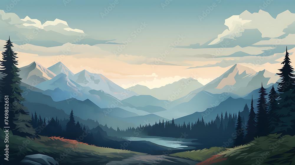 A vector graphic of a serene mountain landscape.