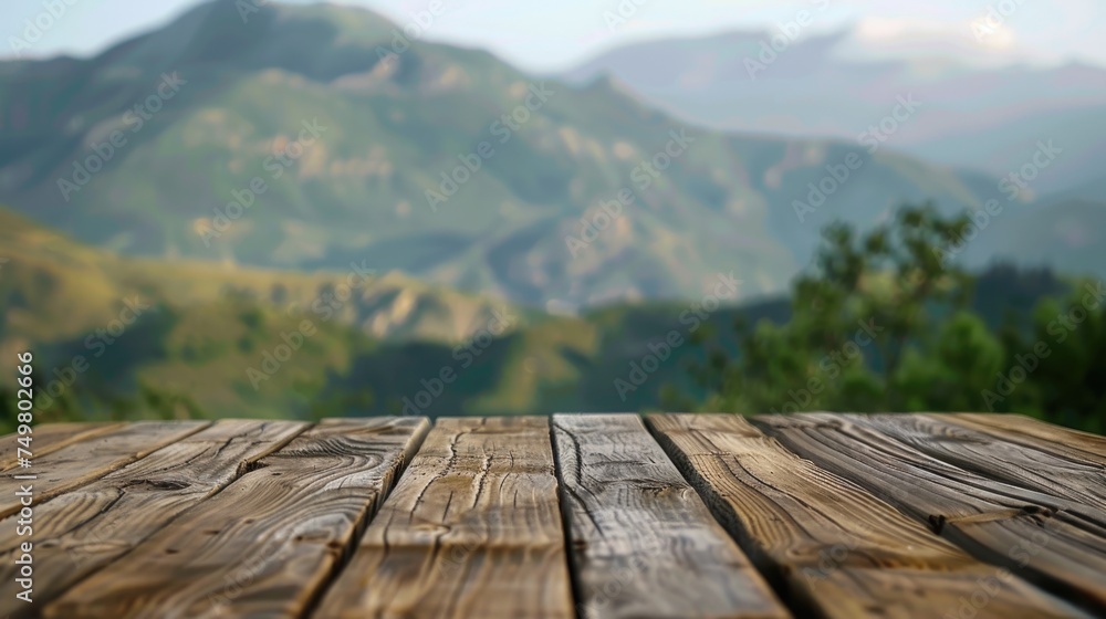 A rustic wooden table with majestic mountains in the backdrop. Perfect for nature lovers and travel enthusiasts