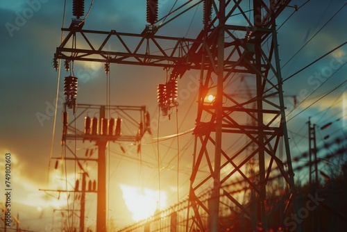 A stunning sunset view with silhouetted power lines. Perfect for energy or technology concepts