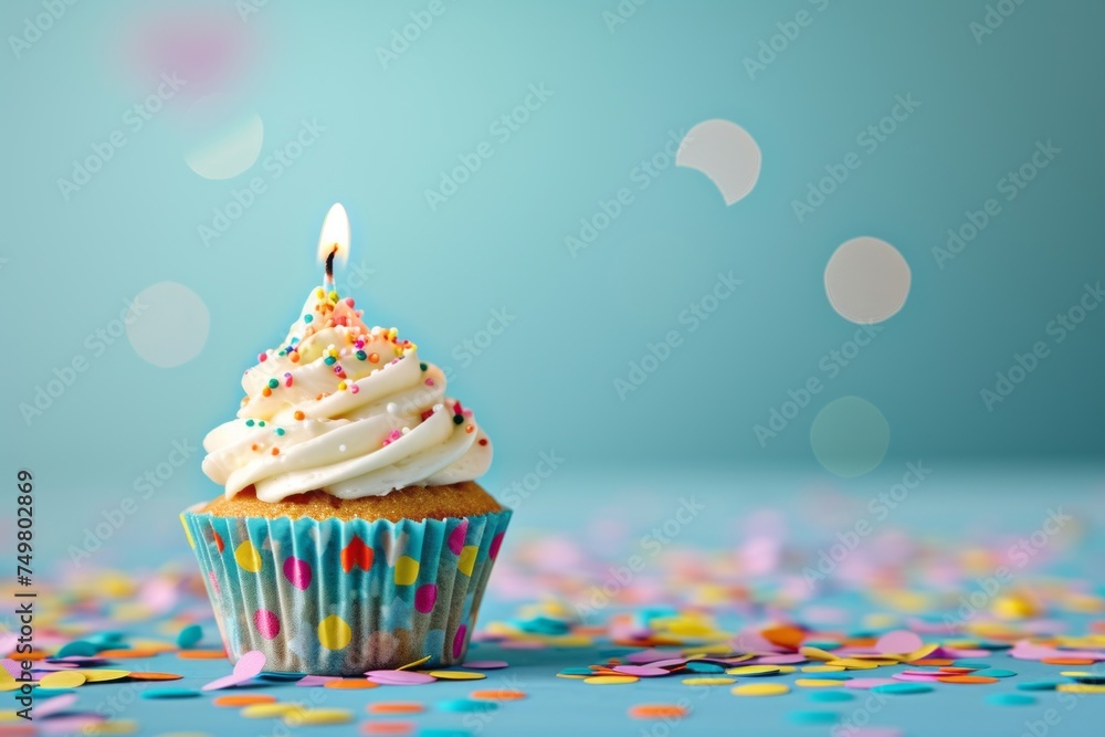 A cupcake, with a single lit candle, is placed on a blue table, surrounded by bright color confetti.