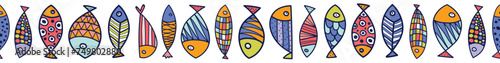 Vector seamless cartoon horizontal border with cartoon fish. Cute illustration.
