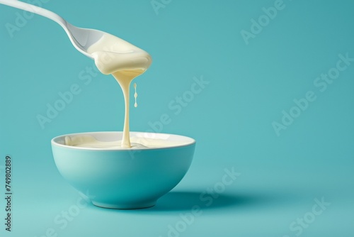A spoon is seen pouring white sauce into a bowl on a blue background, showcasing childhood arcadias, raw vulnerability, unpolished authenticity, and light yellow and light amber colors. photo