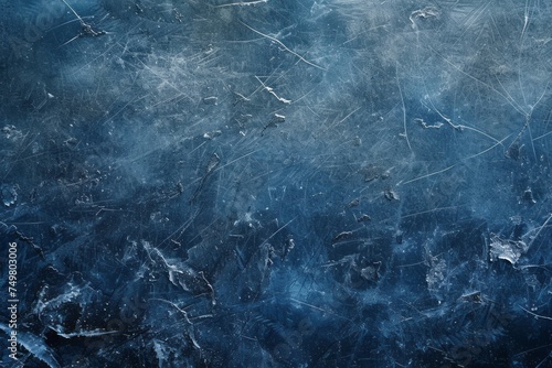A close-up view of the frozen surface of an ice rink is presented, showcasing a grungy texture, dark sky-blue color, a smokey background, and a chalky effect.