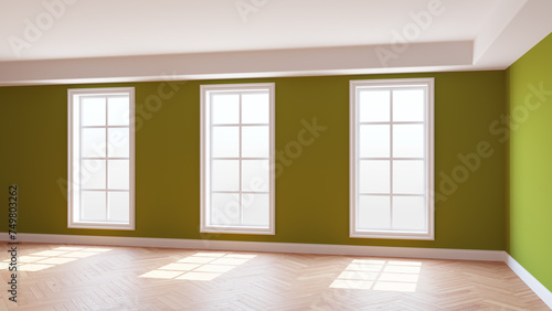 Khaki Room with Three Large Windows, Light Glossy Herringbone Parquet Floor and a white Plinth. Beautiful Concept of the Empty Interior. 3D Rendering, Ultra HD 8K, 7680x4320, 300 dpi