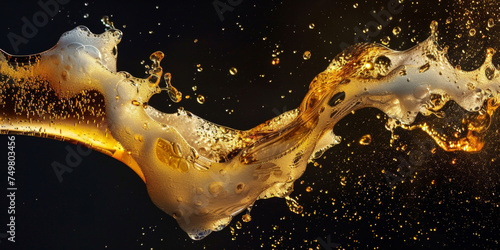 A vivid golden liquid is captured in mid-splash, creating an elegant and dynamic arc against a stark, black backdrop