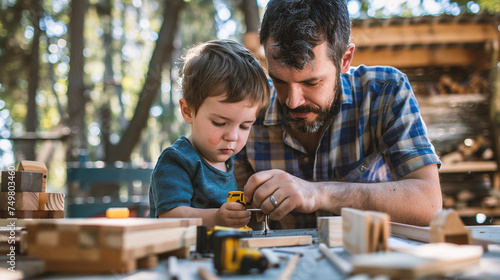 Father and son working together in a carpentry workshop. Father teaching son to work with wood.