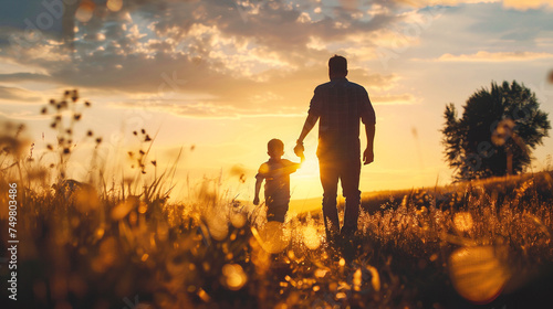 Father and son walking at sunset in the field. Happy family.