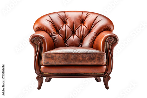 Brown Leather Chair. A brown leather chair sits elegantly on a plain white background. The chair exudes a classic and sophisticated look, perfect for any modern or traditional setting.