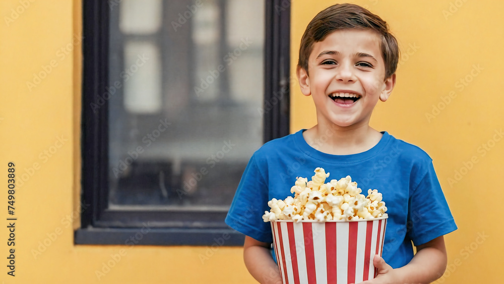 A very happy little child, while holding popcorn