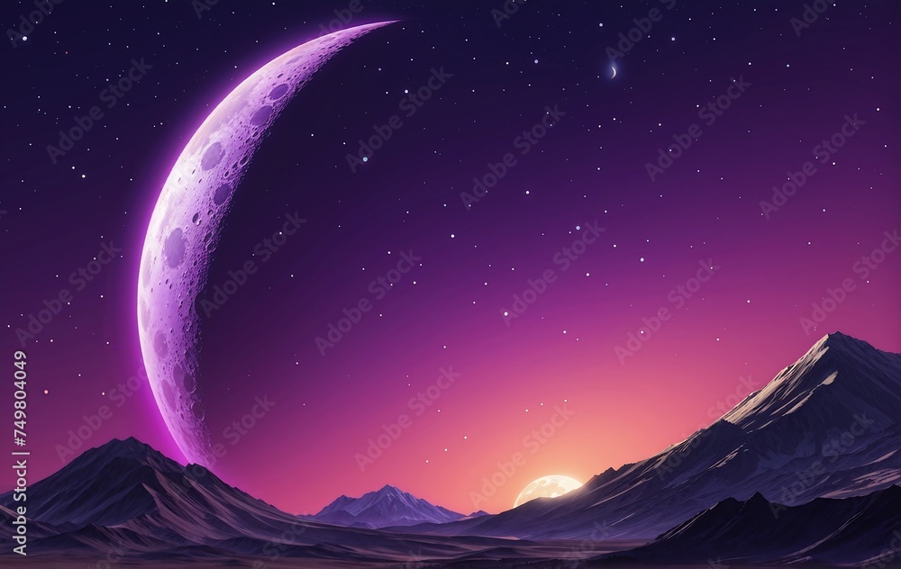 Big full moon over mountains at night. Background, wallpaper, banner	
