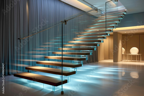 Chic floating staircase with transparent steps, creating an illusion of weightlessness.