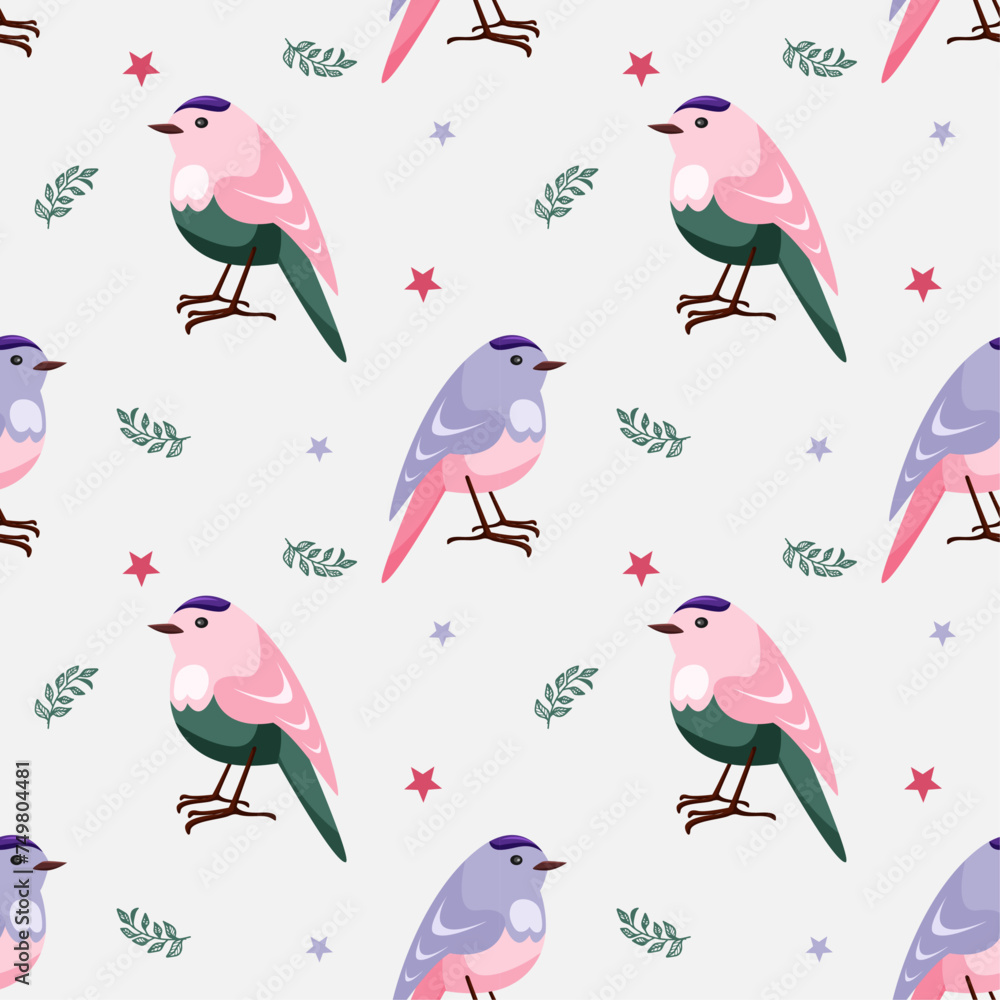 Fototapeta premium Seamless pattern with cute blue, pink and green birds. The bird stands on blue background with twigs and stars. Spring pattern for printing and decorating