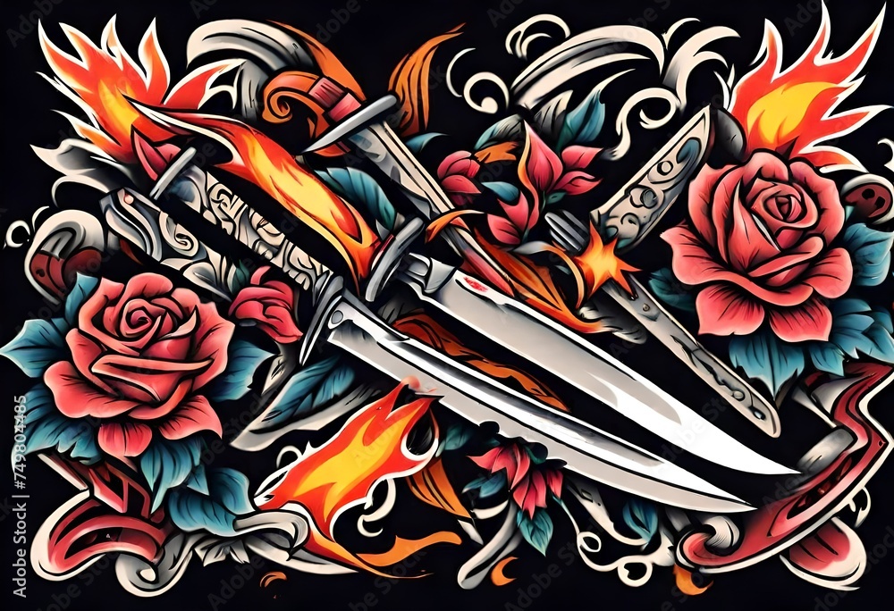 Obraz premium Illustration of Vintage, Flash art, Tattoo, flowers, knife, knives, dagger, sword, Retro, Old-school, Ink.